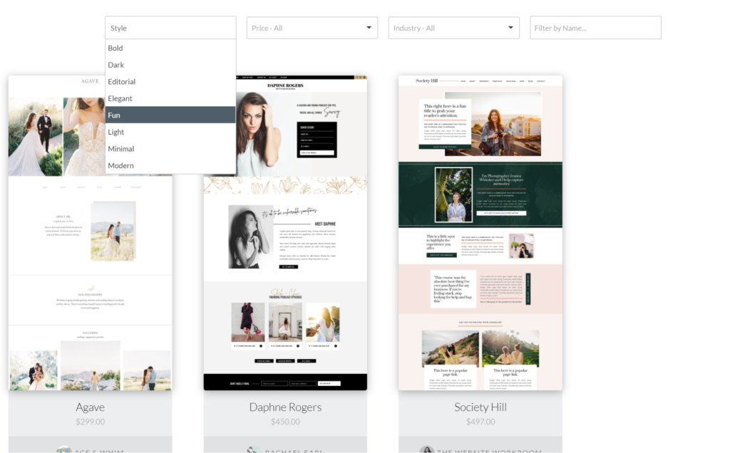 Showit template choices to show the difference between Squarespace vs Showit