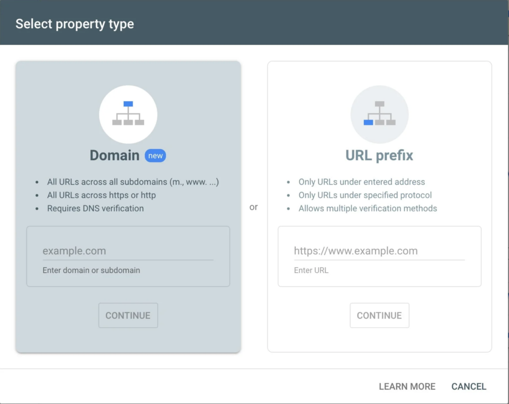 Choose which property type to verify ownership of your website to submit your sitemap